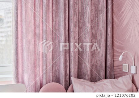 Beautiful and Elegant Pink Curtains Gracefully Enhance a Modern Living Space Aesthetic 121070102