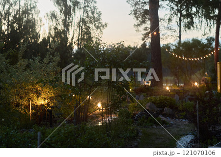 The Serene Garden Lighting at Dusk creates a beautiful ambiance for any evening gathering 121070106