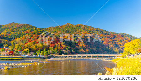 京都・嵐山の紅葉　渡月橋 121070286