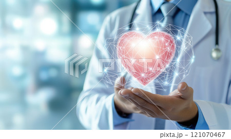 Heart attack awareness concept.Doctor holds digital heart hologram, symbolizing advanced healthcare technology and innovation in cardiology. 121070467
