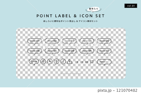 連番数字入りポイントラベルとアイコンのあしらい素材セット1 121070482