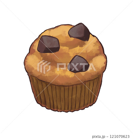 チョコブロックでデコレーションされたマフィンのイラスト チョコブロックでデコレーションされたマフィンのイラスト 121070623