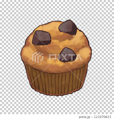 チョコブロックでデコレーションされたマフィンのイラスト チョコブロックでデコレーションされたマフィンのイラスト 121070623