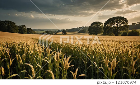 黄金色の穂が揺れる広大な麦畑 121070974