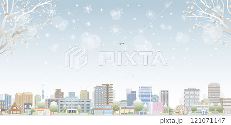 雪景色の街並みのイラスト. 冬の街並みのイラスト. 雪景色の街並みのイラスト. 冬の街並みのイラスト. 121071147