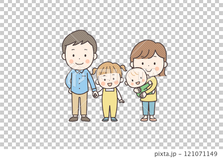 若い夫婦と子ども2人の4人家族のベクターイラスト素材 121071149