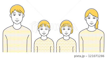 父母と子供二人の家族　黄色 121071286