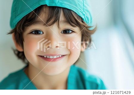 手術着を着て職業体験をする男の子 121071429