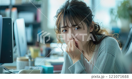 オフィスの座席で不審そうに視線を向ける女性 オフィスの座席で不審そうに視線を向ける女性 121071688