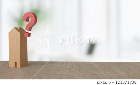 The wood  house and question mark for property concept 3d rendering. 121071739