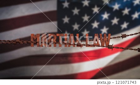 The Martial law and barbed wire on USA flag for Background concept 3d rendering. The Martial law and barbed wire on USA flag for Background concept 3d rendering. 121071743