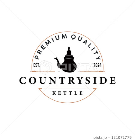kettle logo design tea and hot drink. vintage concept illustration premium template kettle logo design tea and hot drink. vintage concept illustration premium template 121071779