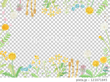水彩絵の具で描いた春の野原のお花のフレーム 121071845