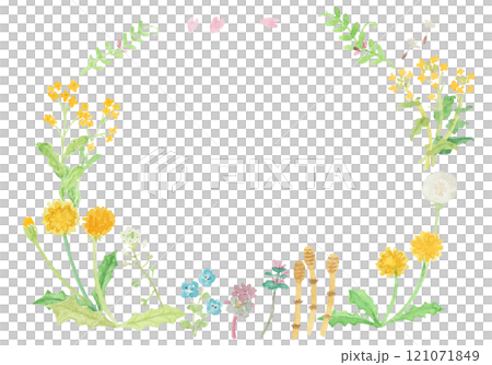 水彩絵の具で描いた春の野原のお花の円形フレーム 121071849