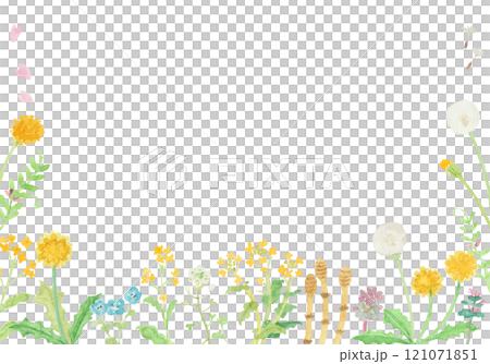 水彩絵の具で描いた春の野原のお花のフレーム 121071851