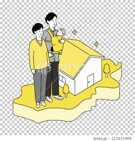 奈良県の地図と若い家族・家のイラスト、ベクター 奈良県の地図と若い家族・家のイラスト、ベクター 121071904