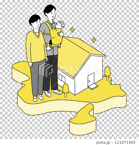 兵庫県の地図と若い家族・家のイラスト、ベクター 兵庫県の地図と若い家族・家のイラスト、ベクター 121071905