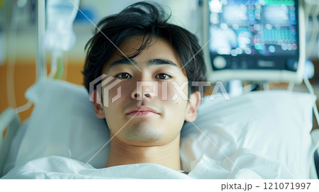 穏やかな表情で病院のベッドに横になる入院患者の若い男性 121071997