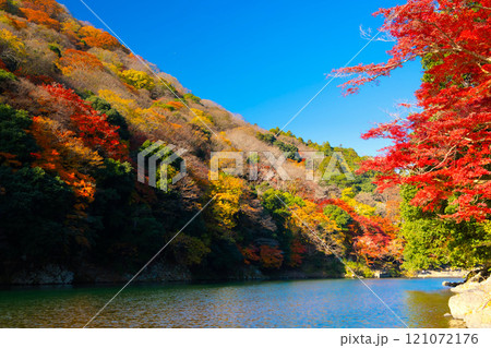 京都・嵐山の紅葉と屋形船 121072176