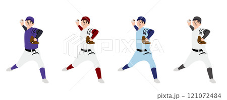 様々なユニフォームでピッチングをする野球のピッチャー 121072484