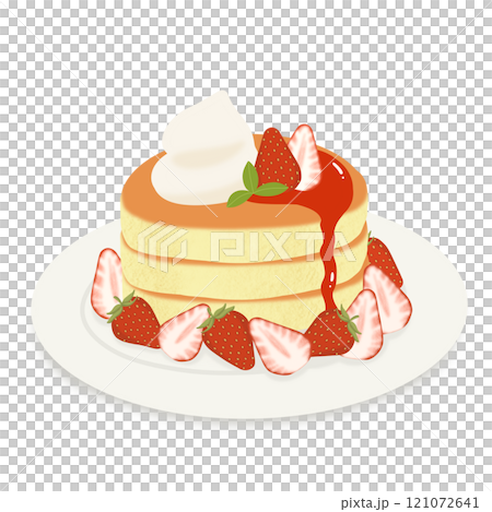 お皿に乗った苺ホットケーキのイラスト 121072641