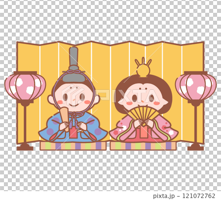 Illustration of the Doll's Festival in March with the Emperor and Empress lanterns on a folding screen Illustration of the Doll's Festival in March with the Emperor and Empress lanterns on a folding screen 121072762