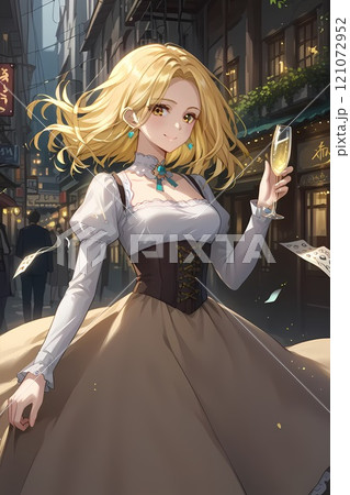 ドレスを着てポーズをとる金髪女性 121072952
