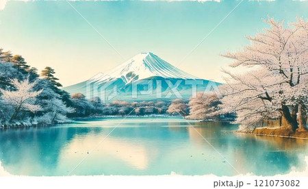 雪を被った富士山と桜と湖の風景の水彩画風イラスト 121073082