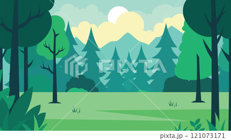 Flat Design Illustration of Green Pine Trees Mountain View in Jungle with Sun in the Sky Flat Design Illustration of Green Pine Trees Mountain View in Jungle with Sun in the Sky 121073171