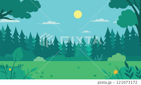 Flat Design Illustration of Green Pine Trees Nature View in Forest with Sun in the Sky 121073172