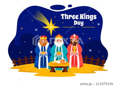 Three Kings Day Vector Illustration Celebrating Faith in the Divinity of Jesus and His Arrival into the World during the Epiphany Christian Festival Three Kings Day Vector Illustration Celebrating Faith in the Divinity of Jesus and His Arrival into the World during the Epiphany Christian Festival 121073230
