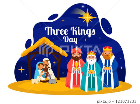 Three Kings Day Vector Illustration Celebrating Faith in the Divinity of Jesus and His Arrival into the World during the Epiphany Christian Festival Three Kings Day Vector Illustration Celebrating Faith in the Divinity of Jesus and His Arrival into the World during the Epiphany Christian Festival 121073233