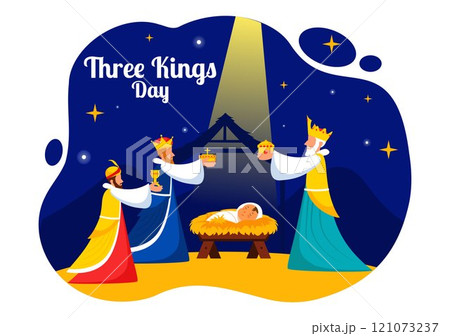 Three Kings Day Vector Illustration Celebrating Faith in the Divinity of Jesus and His Arrival into the World during the Epiphany Christian Festival Three Kings Day Vector Illustration Celebrating Faith in the Divinity of Jesus and His Arrival into the World during the Epiphany Christian Festival 121073237
