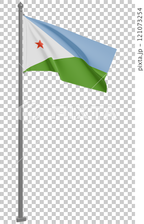 飄揚的吉布地共和國國旗 3D 插圖(前視圖) 飄揚的吉布地共和國國旗 3D 插圖(前視圖) 121073254