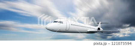 Commercial airplane flying in the sky with cloudscapes background 121073594