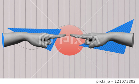 A human hand with a gesture of pointing each other on a colored background 121073802