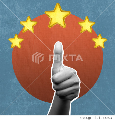 Human hand give a five star rating with thumb up gesture on a colored background 121073803