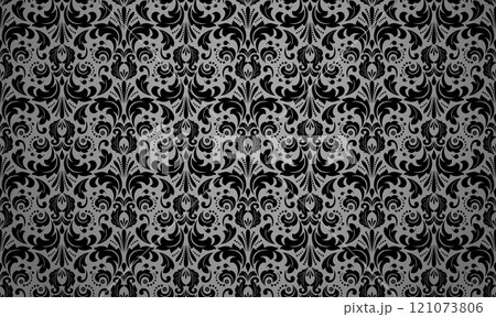 Wallpaper in the style of Baroque. Seamless vector background. Gray and black floral ornament. Graphic pattern for fabric, wallpaper, packaging. Ornate Damask flower ornament 121073806