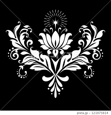 Damask graphic ornament. Floral design element. Black and white vector pattern. 121073814