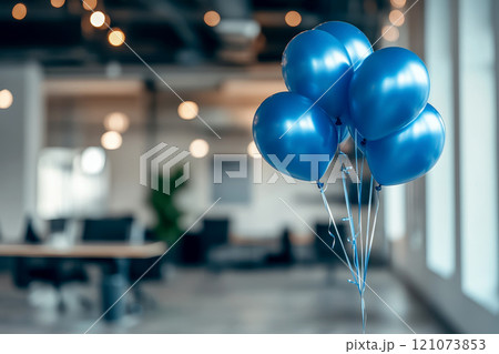 Abstract background featuring a blurred office interior decorated with blue balloons. blue Monday concept. 121073853