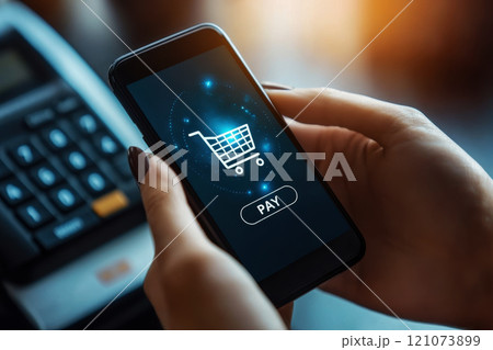 Person using smartphone for mobile payment on a point-of-sale (POS) terminal at a checkout counter. 121073899
