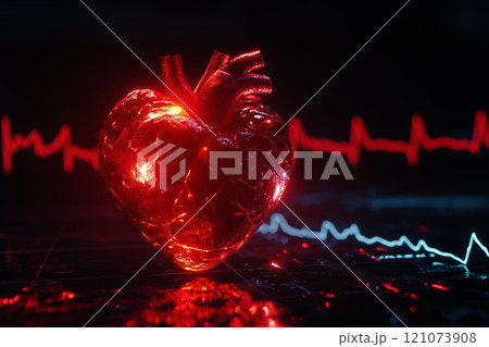 A glowing heart shape with an electrocardiogram line pulsating rhythmically in a dark background representing life and vitality. 121073908