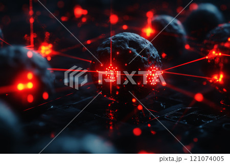Laser beams targeting cancer cells, representing precise cancer treatment. 121074005