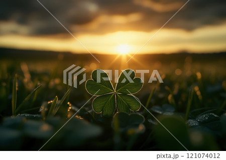 st patricks day four leaf clover close up with evening sunset in background, 121074012