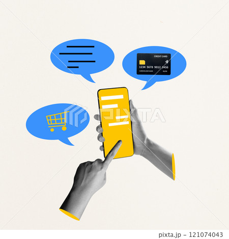 A human hand using a mobile phone with speech bubbles of chatting, shopping, and a credit card on a colored background. Concept of modern technology 121074043