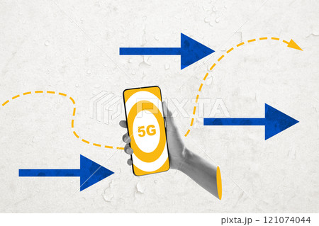 A human hand holding a mobile phone with a 5G internet signal for internet fast connection symbol on the screen with a colored background. Concept of 5G connection 121074044