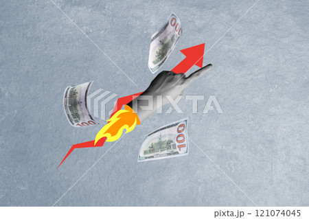 A human hand pointing to a red increase chart of bills with flying dollar banknotes on a colored background. Concept of bills 121074045