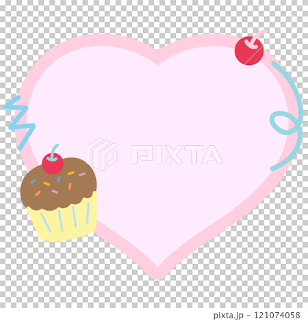 Cute illustration of cherry, cupcake and pastel pink heart shaped blank space for insert text, message, name tag, text bubble, sticker, sticky note, notepads, paper, sweet dessert, cafe, restaurant 121074058