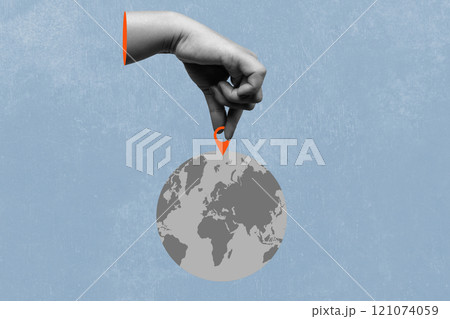 The human hand put a location pin on the globe with a colored background 121074059