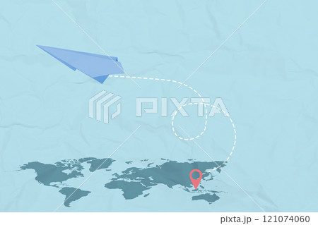 Paper airplane flying away from a location pin on the world map with a colored background Paper airplane flying away from a location pin on the world map with a colored background 121074060